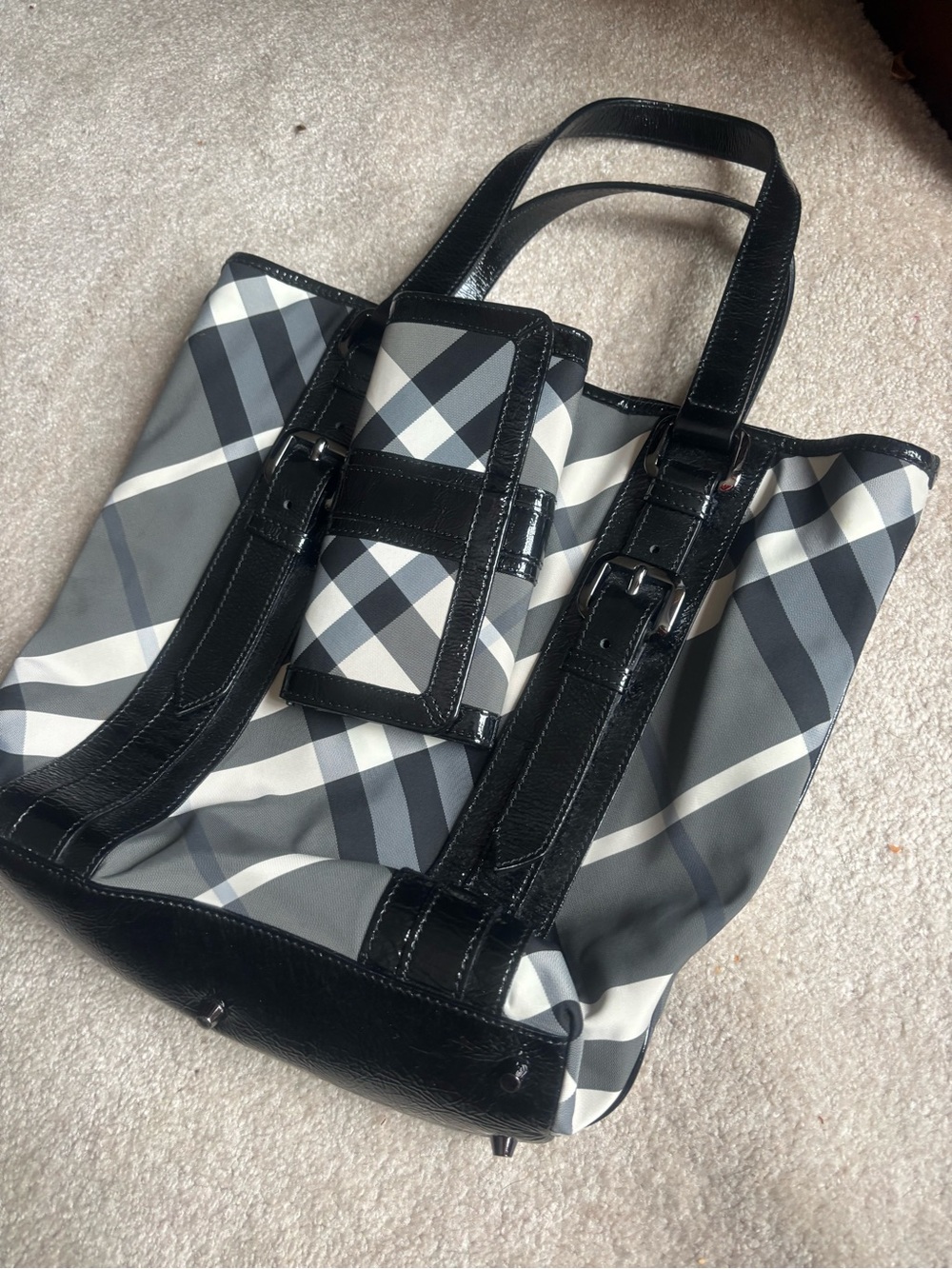 Burberry Black, Gray and White Plaid Tote Bag